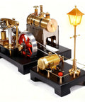 Metal Steam Engine Model Kit With Boiler And Lamp Scene, featuring red flywheel and brass components, 84-piece DIY kit.