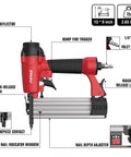 Two In One Pneumatic Brad Nailer And Crown Stapler Kit With 1600 Staples And Nails, showing features and dimensions