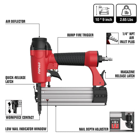Two In One Pneumatic Brad Nailer And Crown Stapler Kit With 1600 Staples And Nails, showing features and dimensions