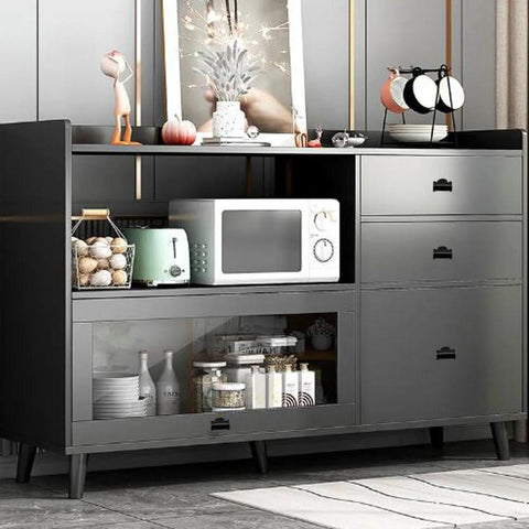 Black kitchen cabinet with a microwave, decor items on top, drawers with Industrial Water Pipe Cabinet Knobs Pulls Set 4 Pieces Iron Retro Industrial Style