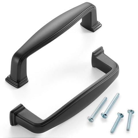 Black Zinc Alloy Cabinet Pull Handle With 3 Inch Hole Centers Stepped Design 3-9/16 Inch Overall Length Pack of 30 Includes 1 Inch And 1-1/2 Inch Screws For Cabinets Drawers Dresser Bathroom Vanity Cupboard And Furniture