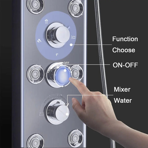 LED Rainfall Shower Panel Tower With Waterfall Handheld Tub Spout And Massage Jets Temperature Display Five Function Spa Upgrade For A Modern Bathroom Makeover With Epic Spa Vibe