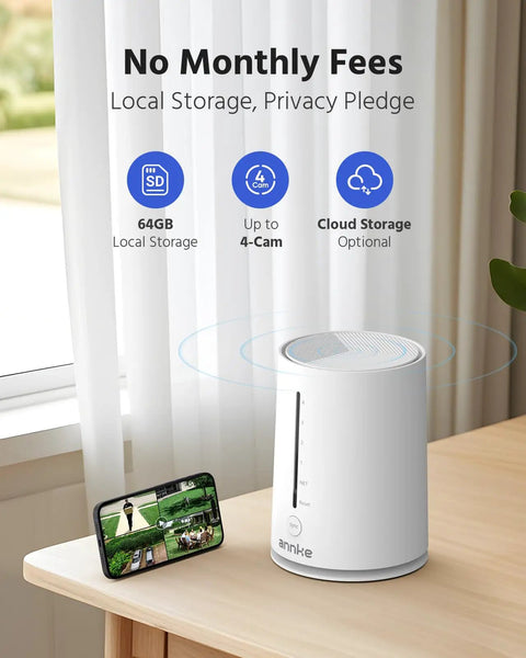Solar Wireless Security Camera Kit For Outdoor Home Surveillance With 4 Channel Hub on table, smartphone display.