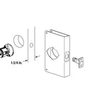 Diagram of Stainless Steel Door Lock Reinforcement Plate for 1-3/4 Inch Thick Doors, showing installation components and measurements