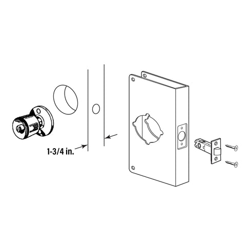 Diagram of Stainless Steel Door Lock Reinforcement Plate for 1-3/4 Inch Thick Doors, showing installation components and measurements