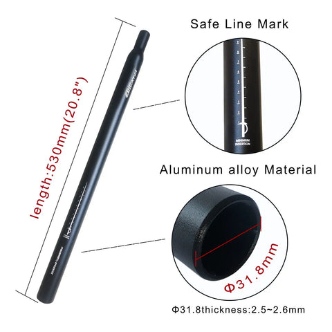 Lengthened 530Mm 31.8Mm Aluminum Alloy Bike Seat Post for BMX Electric and Folding Bikes, Durable 6061 Seatpost diagram