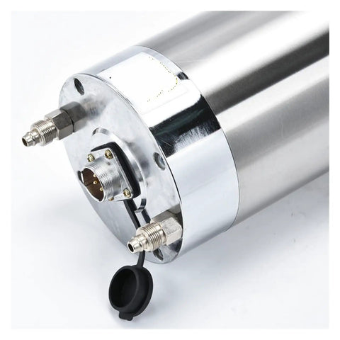 Close-up of Rock Solid 4kw Liquid Cooled Spindle Motor Built As A Shop Workhorse For CNC Routing Engraving And Milling With Superb Heat Control and Plug And Play Wiring Setup.