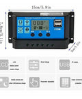 All Weather MPPT Solar And Wind Charge Controller with LCD display and USB ports, dimensions shown in image.