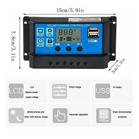 All Weather MPPT Solar And Wind Charge Controller with LCD display and USB ports, dimensions shown in image.