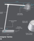 Diagram of Verve Designer Desk Lamp With Qi Wireless Charger, features aluminum frame, swivel base, adjustable head, and touch controls.