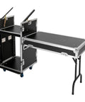 14U DJ Rack Case With Heavy Duty Reinforced Frame And Tough As Nails Mobility Setup featuring a black plywood body and table extension.