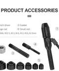 Portable Manual Hydraulic Hole Punch Kit With Six Dies, showing punch driver, rods, gaskets, and die sizes, durable black finish.