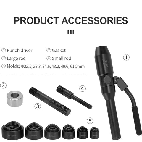 Portable Manual Hydraulic Hole Punch Kit With Six Dies, showing punch driver, rods, gaskets, and die sizes, durable black finish.