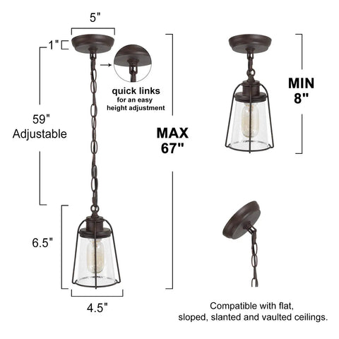 Farmhouse Pendant Lighting Mini Rustic Hanging Light With Seeded Glass Shade For Kitchen Island Foyer Hallway Bedroom Or Entryway In Bronze Finish Open Air Lantern Design; Dimensions and adjustable chain details.