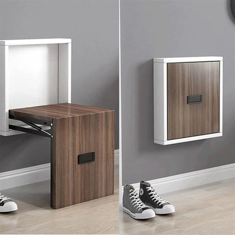 Concealed 2 Piece Folding Chair Stool Bracket Hinge in cabinet showing soft close for shoe cabinets, wardrobes, and closet doors.