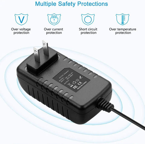 Built Tough AC Adapter For Skil 7.2 Volt Cordless Drill Driver Quick Charge Wall Plug With Auto Thermal Cut Off And Universal Voltage Input, showing safety protection features.