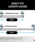 Beefy 24 Lb Gas Spring Lift Prop length guide showing 13.98 in extended, 8.9 in compressed with 10mm nylon ball socket ends.