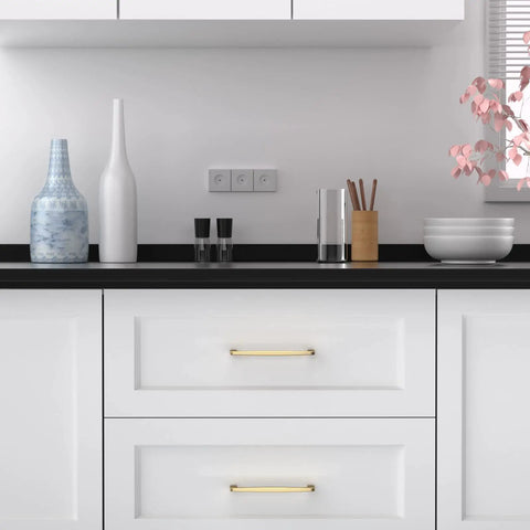 Gold Cabinet Handles 25 Pack 5 Inch Drawer Pulls Zinc Alloy Kitchen Hardware for Dresser and Bathroom on white cabinets