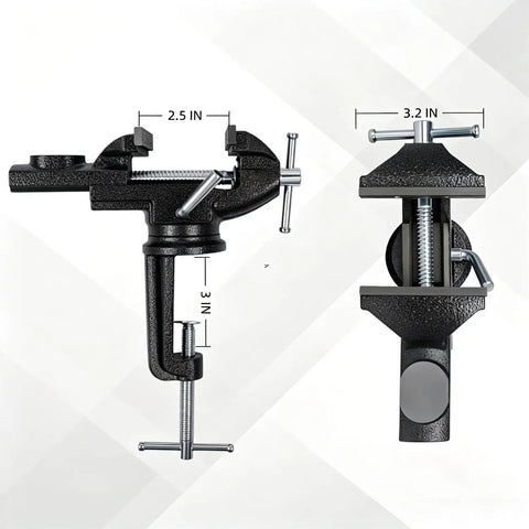 Badass 3.2 Inch Bench Vise With Fully Swiveling 360 Rotation And Grippy Soft Jaws side and top view with measurements
