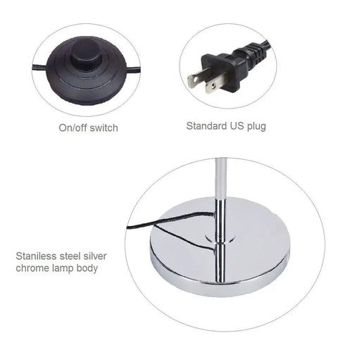 On/off switch, standard US plug, and base of Silver Crystal Floor Lamp In S Shape With Chrome Finish, Romantic Modern Chic Vibe Lighting