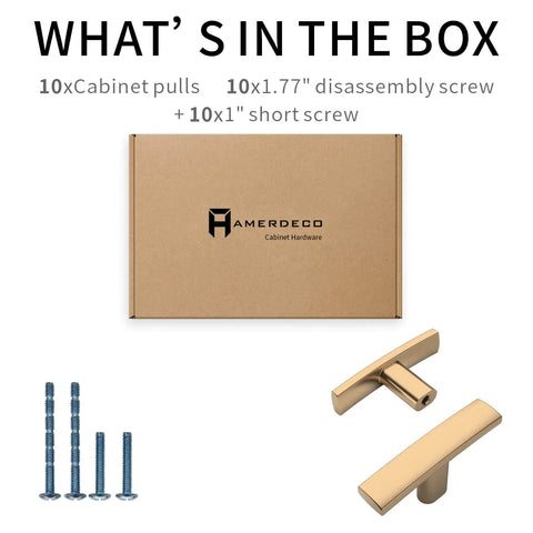 Champagne Bronze Cabinet Knobs 2 Inch Single Hole T Bar Pulls Go To Solid Zinc Alloy 10 Pack For Kitchen Cabinets Dressers Closets Gold Finish Hardware ZH0003, box with screws and handles