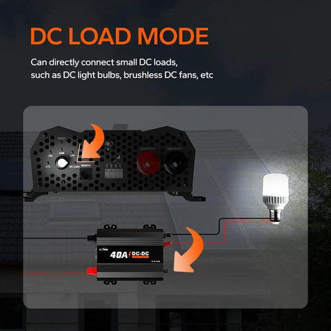 DC Load Mode setup showing connection to small DC loads with Heavy Duty 12V 40A DC To DC Lithium Battery Charger.