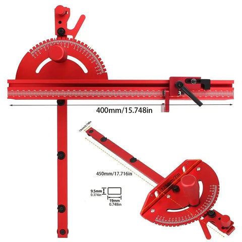 No Sweat Precision Miter Gauge And 400mm Aluminum Fence For Table Saw, showing red gauge and adjustable angle ruler.