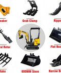 Various excavator attachments including breaker, grab clamp, ripper, spiral rotor, flat bucket, rake, 600MM sieve, narrow bucket around yellow machine