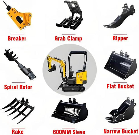 Various excavator attachments including breaker, grab clamp, ripper, spiral rotor, flat bucket, rake, 600MM sieve, narrow bucket around yellow machine