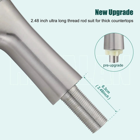 Close-up of 2.48 inch ultra long threaded rod for Brushed Nickel Single Handle Bathroom Faucet Heavy Duty Cold Water Design.