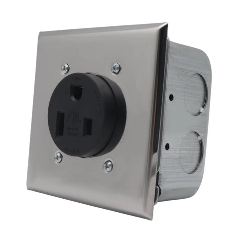 Heavy Duty Nema 6 50r Power Outlet Receptacle Flush Mount Galvanized Steel 50 Amp with black socket in galvanized steel housing.