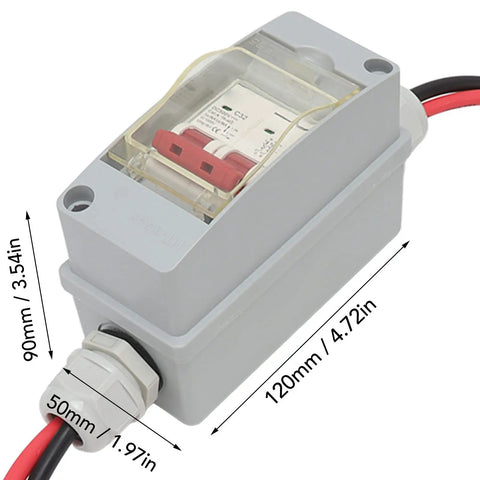 32A 500V PV DC Disconnect Switch MCB 2P Solar Breaker with IP65 Waterproof Distribution Box and Cables, side view