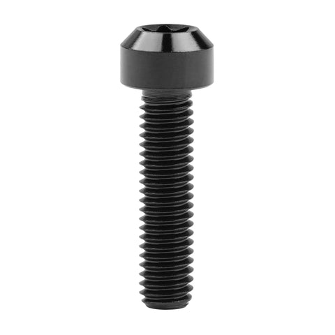 Close-up of black Titanium M6x25mm Torx Square Head Bolt from Pack of 5, 6AL4V Grade 5 Titanium, for bikes, motorcycles, and cars.