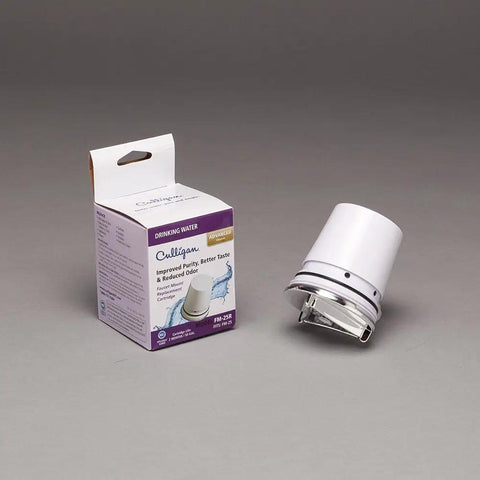 FM25R Replacement Filter Cartridge For Faucet Mount Water Filter FM25 Chrome Finish Easy No Tools Install next to packaging.