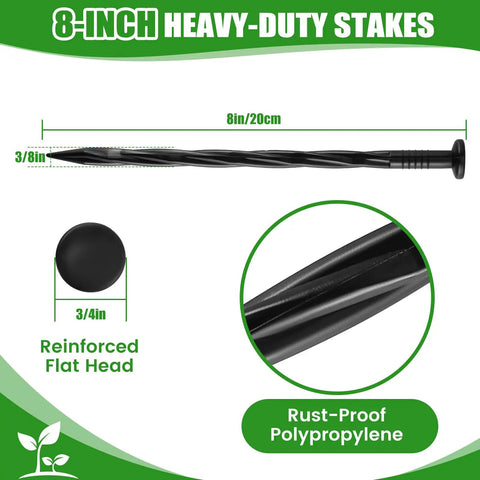 Heavy Duty 8 Inch Plastic Landscape Edging Spikes, 220 Pack, Rust Free Nylon Stakes with reinforced flat head and spiral shaft.