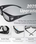 Over Glasses Sunglasses For Men And Women Polarized Anti Glare Sun Glasses UV Protection Wraparound Yellow Lenses Fit Over Prescription Eyewear showing features like durable hinges, ventilation, and secure fit.