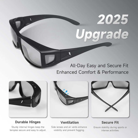 Over Glasses Sunglasses For Men And Women Polarized Anti Glare Sun Glasses UV Protection Wraparound Yellow Lenses Fit Over Prescription Eyewear showing features like durable hinges, ventilation, and secure fit.