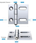 Two Pack Aluminum Door Hinges With Flat Head Screws, Adjustable Hole Spacing From Three To Five Inches, Hinge Size Two Point Seven Six Inches By Two Point Four Eight Inches, Silver Finish, Heavy Duty Cabinet And Door Butt Hinge Set For Smooth Operation, shown in front and side view