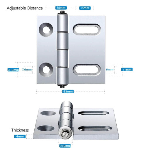 Two Pack Aluminum Door Hinges With Flat Head Screws, Adjustable Hole Spacing From Three To Five Inches, Hinge Size Two Point Seven Six Inches By Two Point Four Eight Inches, Silver Finish, Heavy Duty Cabinet And Door Butt Hinge Set For Smooth Operation, shown in front and side view