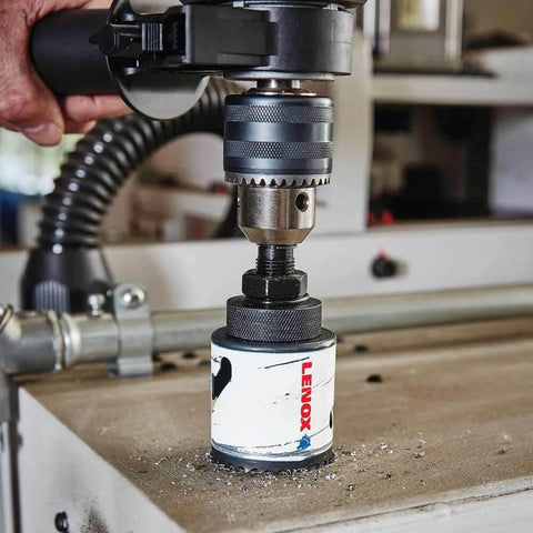Lenox 2-3/4 in bi-metal speed-slot hole saw mounted on drill (front view)