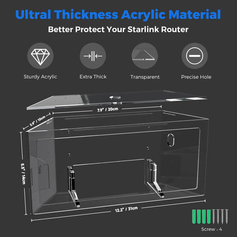 Slick Starlink Gen 3 Router Wall Mount With Clear Acrylic Enclosure dimensions showing ultra-thick material for cable management.