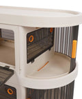 Smooth Rollin Storage Trolley With Four Tier Utility Cart And Covered Plastic Storage Bins, detailed view of top shelves and clear panels.