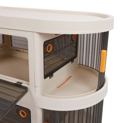 Smooth Rollin Storage Trolley With Four Tier Utility Cart And Covered Plastic Storage Bins, detailed view of top shelves and clear panels.