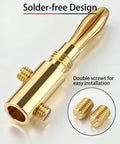 Pro Grade 24K Gold Plated Banana Plugs For 4MM Speaker Wire Connectors, highlighting the double screw clamp and solder-free design.