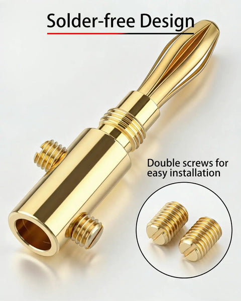Built Tough Gold Plated Banana Plug Speaker Wire Connectors With Dual Screw Aluminum Shell, showing solder-free design and double screws.