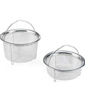 Two stainless steel mesh steamer baskets with easy lift handles for dual purpose steaming and straining, dishwasher safe and rust resistant.