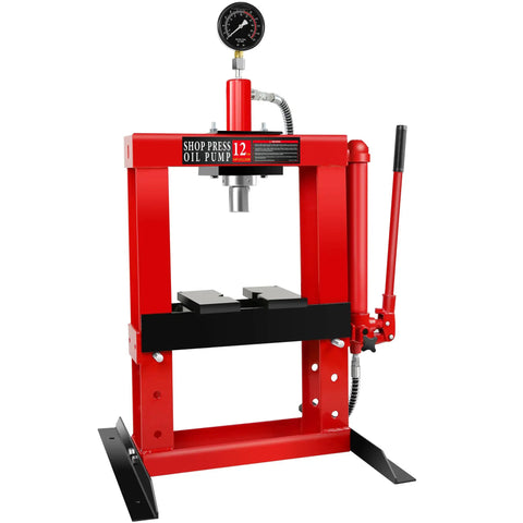 Heavy Duty 12 Ton Hydraulic H Frame Shop Press For Garage Floor And Benchtop Use With Adjustable Bed Stamping Plates Pressure Gauge And Manual Hand Pump Red