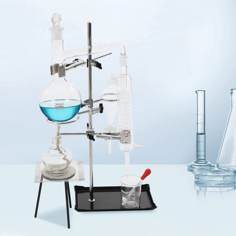 Dope 500ml Distillation Kit for Home Lab Glass Steam Distillation Setup With Flask Beaker 100ml Separating Funnel Conical Flask Essential Oil Extraction 15 Piece Glassware Set showing assembled glass apparatus on a lab stand.
