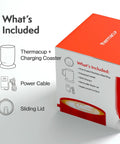 Grab This Solid Self Heating Coffee Mug To Keep Your Morning Sips Piping Hot With Smart Temperature Controls And A Ridiculously Long Battery Built From Premium Stainless Steel For Office Or Travel Cherry Red. This image shows the included items with the mug.