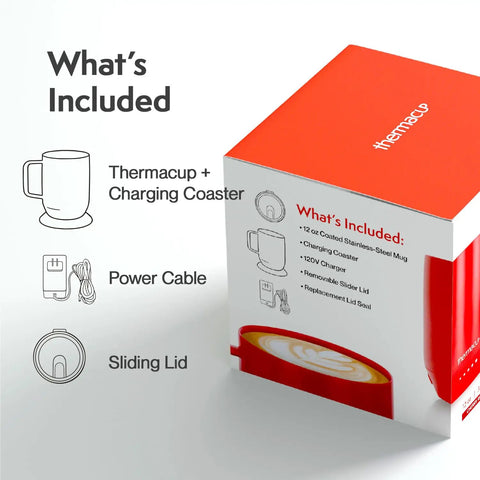 Grab This Solid Self Heating Coffee Mug To Keep Your Morning Sips Piping Hot With Smart Temperature Controls And A Ridiculously Long Battery Built From Premium Stainless Steel For Office Or Travel Cherry Red. This image shows the included items with the mug.